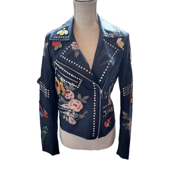 BAGATELLE BLACK EMBROIDERED FAUX LEATHER JACKET SIZE XS - Picture 1 of 11